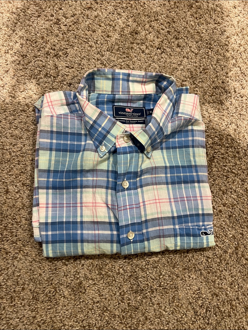 Vineyard Vines Men’s Blue and Green Plaid Button-Down Shirt